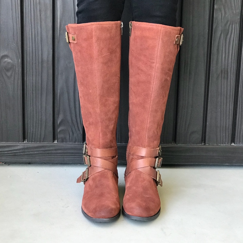 Rust Leather Buckle Ankle Lug Sole Knee High Boots - Picture 5 of 5